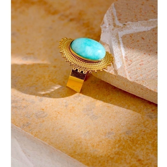 RETRO Large Aqua Natural Stone Gold Plated Statement Ring - Picture 4 of 12